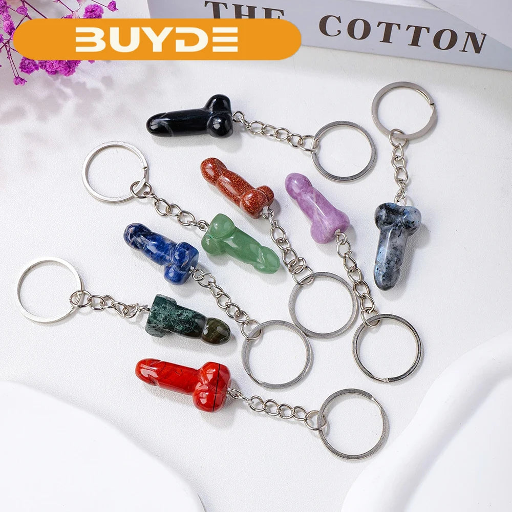 1pc 1PC Natural Crystal Stone Aventurine Red jasper Mini Penile Statue Hanging Key Ring Holder Stone Crafts Men's Gift