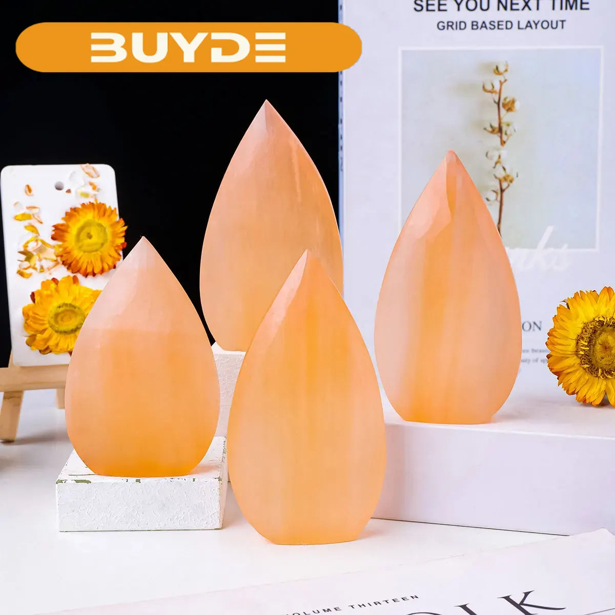 1pc Natural Stone Sculpture Orange Selenite Flame Shape Crafts Witchcraft Crystal Carving Energy Gem Summer home garden decor