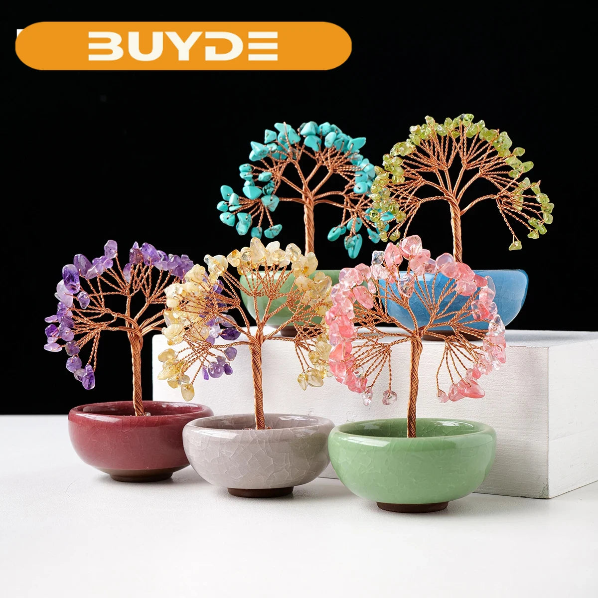 1PC Natural Crystal Tree Energy Stone and Crystal Money Tree Copper Wire Wrapped Colorful Flower Pots Yoga Feng Shui Trees