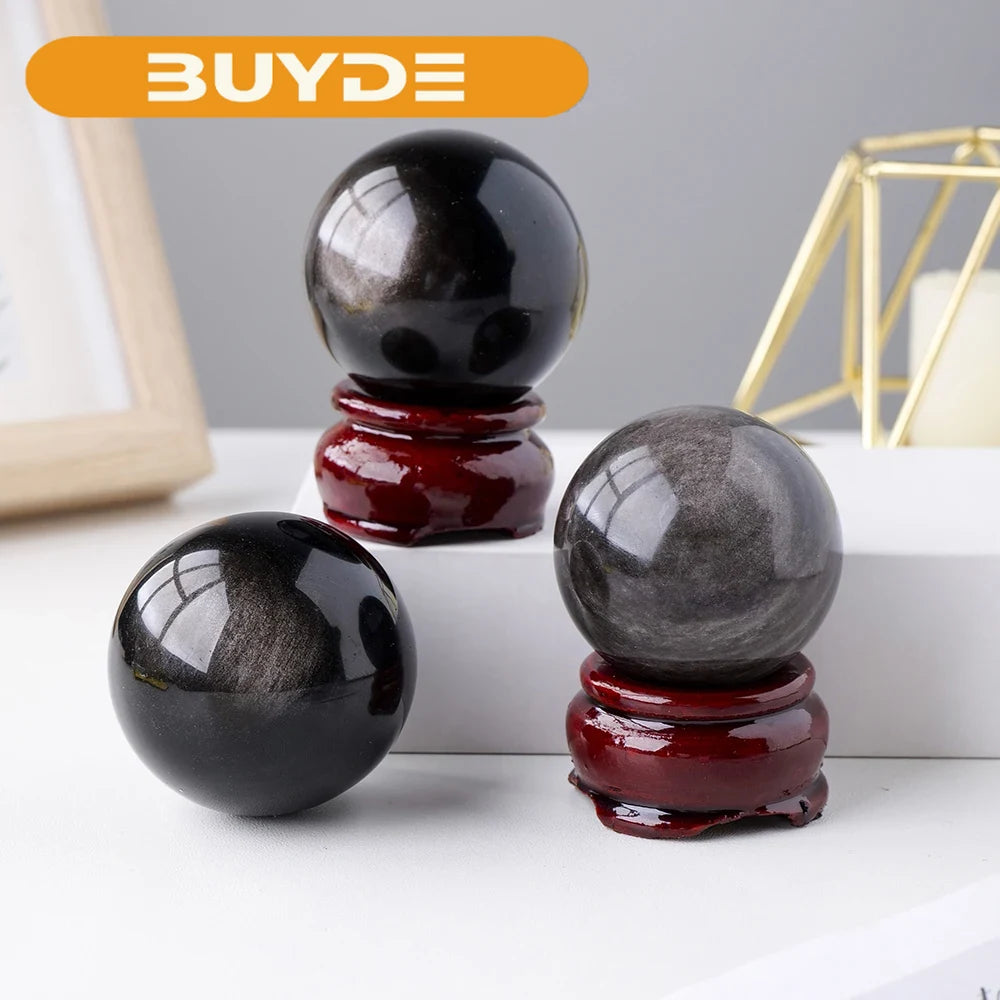 1PC Natural  Silver Obsidian Crystal Sphere Magic Ball Polished Globe Massaging Ball Reiki Healing Stone With Wooden Base