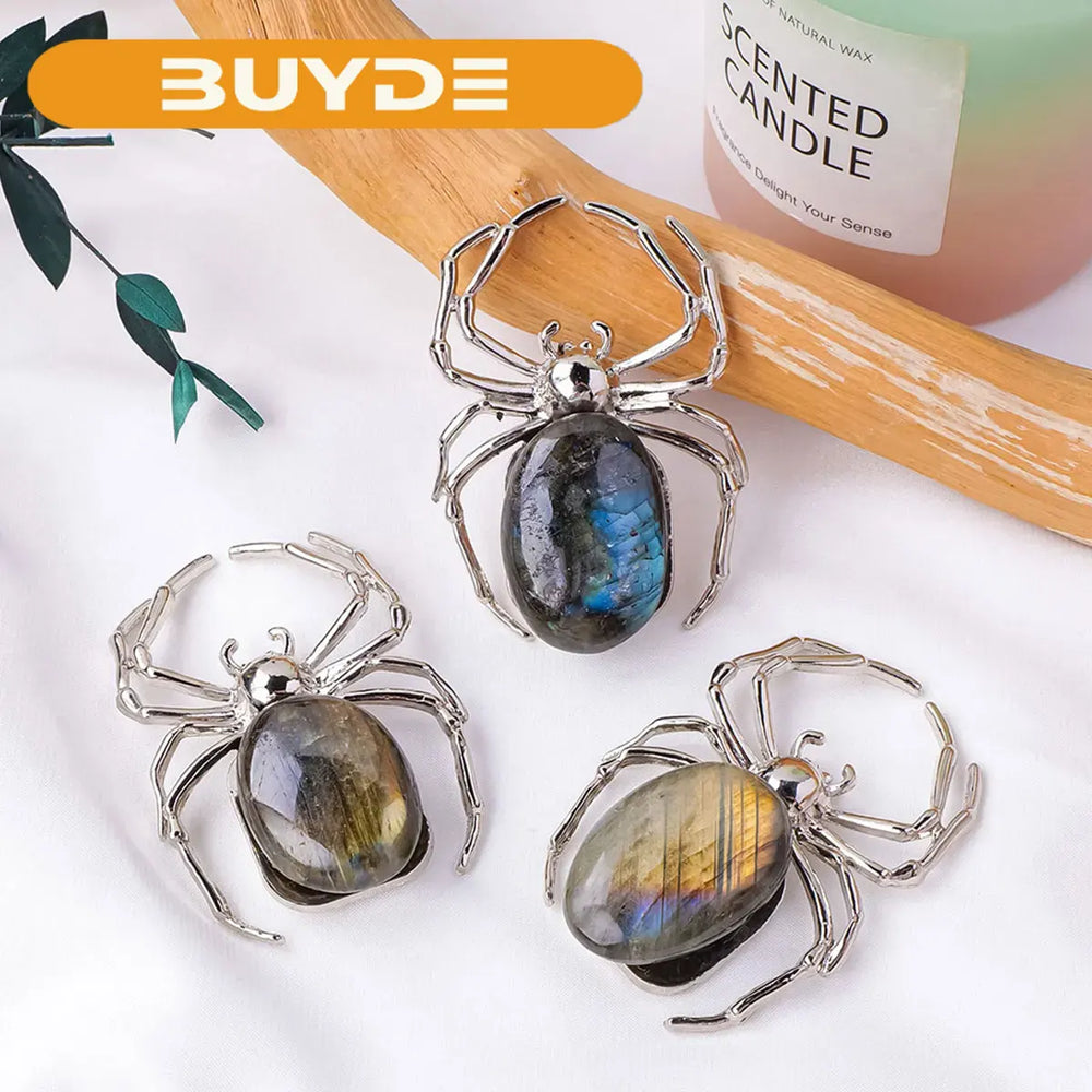 1PC Natural Healing Gemstone Irregular Raw Stone Labradorite DIY Spider Animal Metal DIY Decorative Ornaments