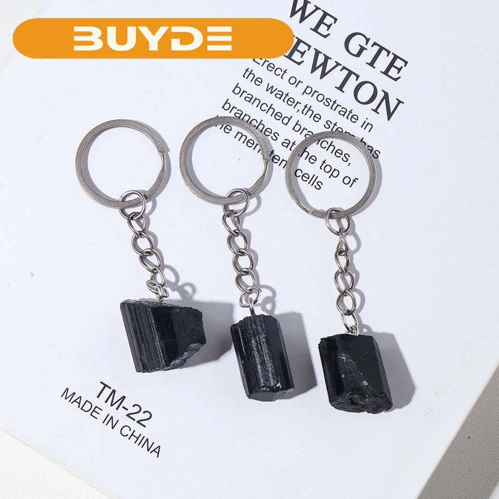 Natural Jet stone Crystal Key Ring Reiki Accessories Tourmaline Pendant Energy Bag Widgets Decorative Gifts