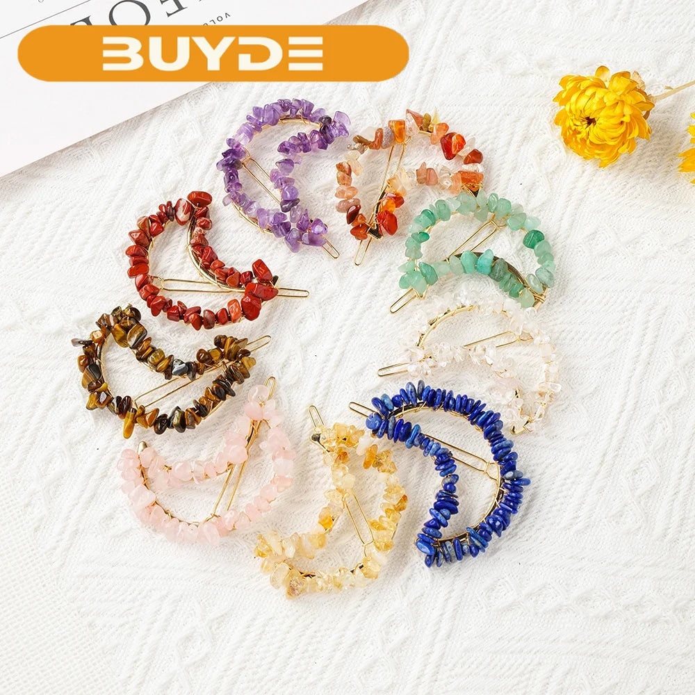 Women Girls Cute Colorful Natural Stone Crystal Gravel DIY  Moon Hairpin Decoration Sweet Hair Clips Fashion Hair Accessories