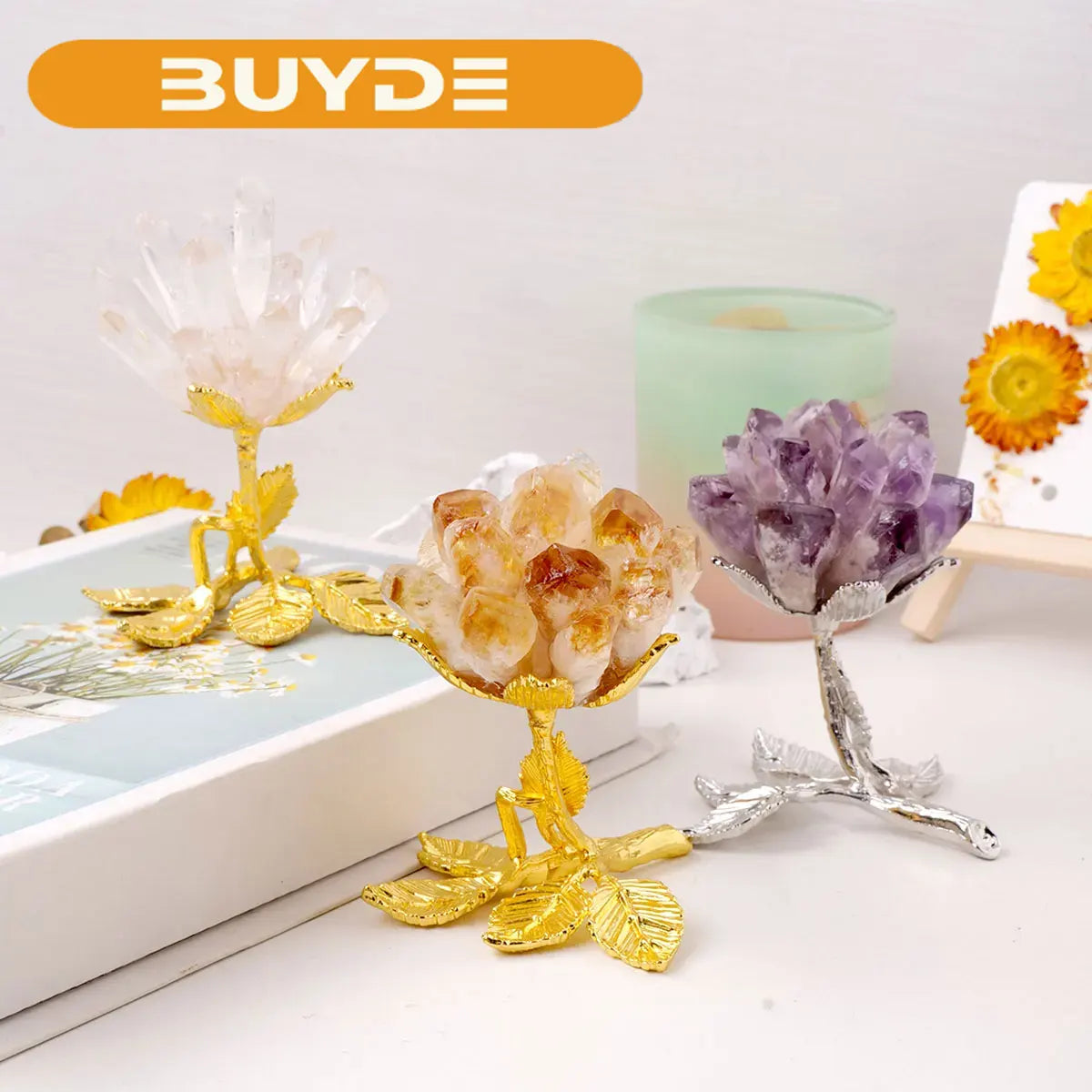 1PC Natural Crystal Healing Gemstone Single Point Flower DIY With Gold Metal Base Divination Home Desktop Decoration