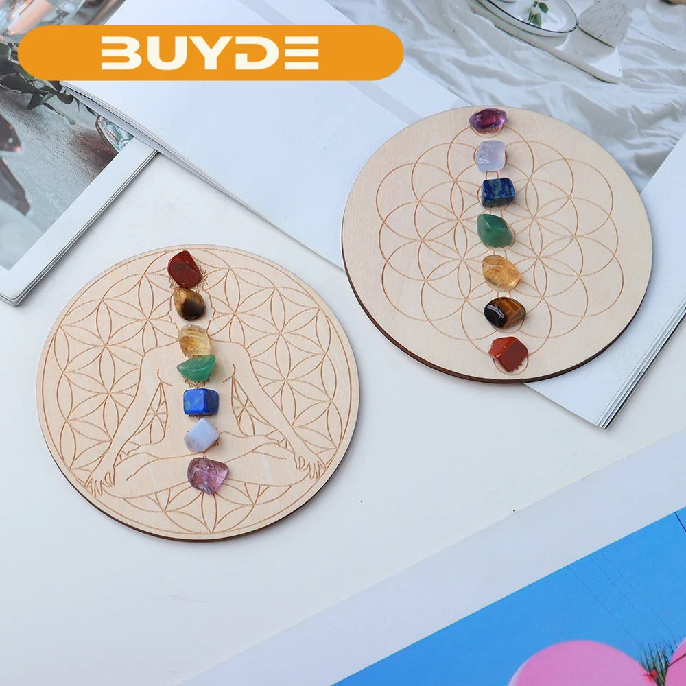 7pcs/set Natural Crystal seven Chakra Healing Stone with Wooden base Wood Plate crystal Gravel Chips Chakra Diy Custom made