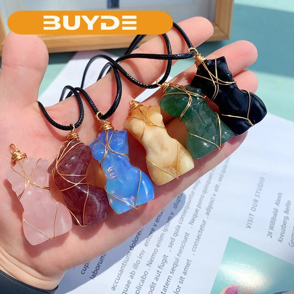 1pc Natural Crystal Pendant Women's Body Model Necklace Sexy Gem Jewelry Sweater Chain Energy Rose Quartz Gift