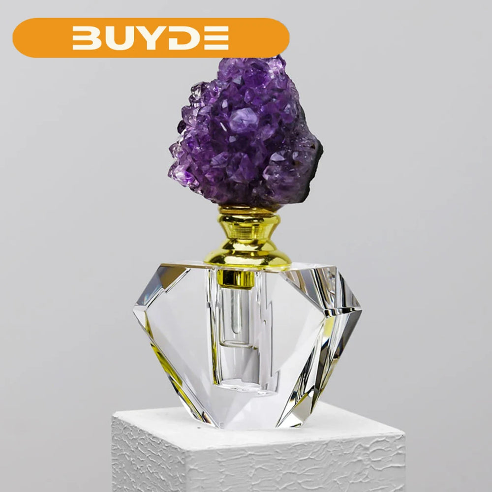 1PC Natural Crystal Gem Amethyst Cluster Healing Stone Essential Oil Bottle Empty Refillable Perfume Dropper Bottle