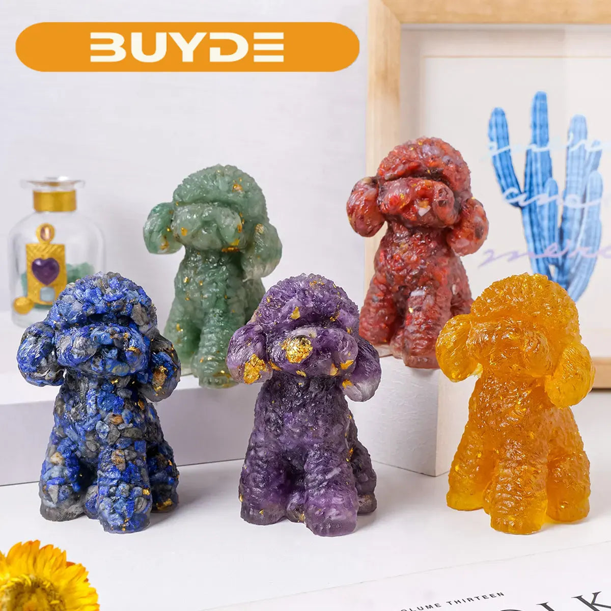 1PC Natural Crystal Gravel Big Teddy Dog Statue Dropper resin Reiki Stone Fengshui Creative Sculpture Study Room Home Decoration